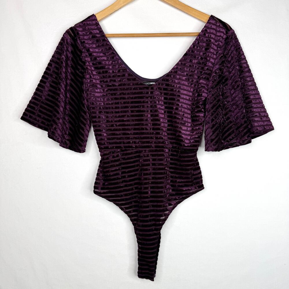Fashion Nova Purple Streiped Velvet Bodysuit Small